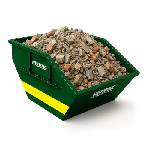 Grüner Container mit Seibel Logo befüllt mit Bauschutt