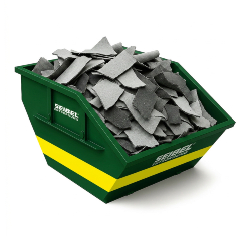 Grüner Container mit Seibel Logo befüllt mit Dachpappe