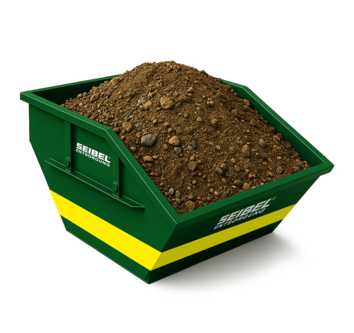 Grüner Container mit Seibel Logo befüllt mit Erdaushub