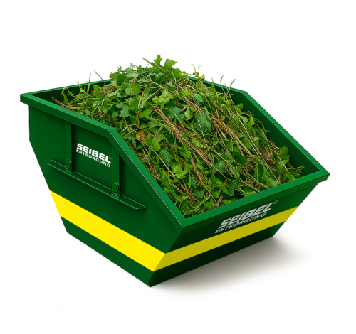 Grüner Container mit Seibel Logo befüllt mit Gartenabfällen