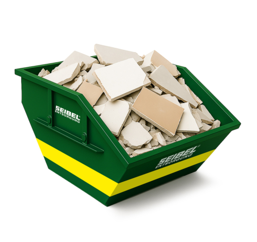 Grüner Container mit Seibel Logo befüllt mit gipshaltigen Baustoffen