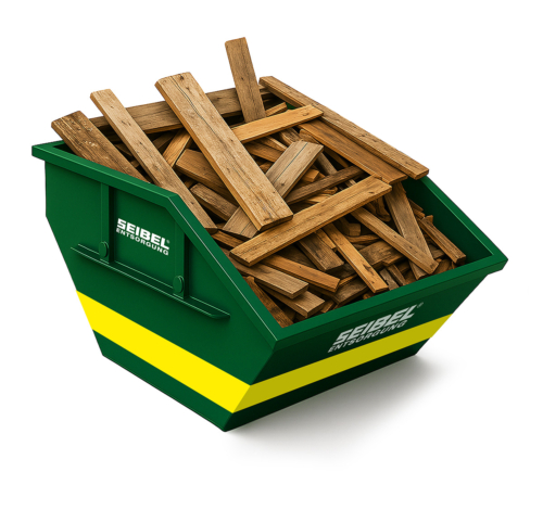 Grüner Container mit Seibel Logo befüllt mit Holz