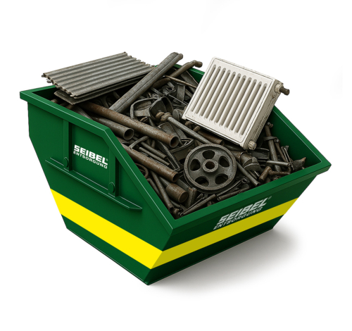 Grüner Container mit Seibel Logo befüllt mit Metall