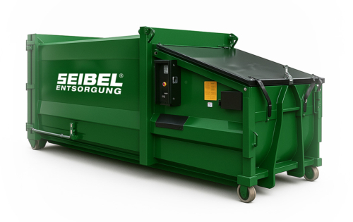 Grüner geschlossener Abrollpresscontainer mit Seibel Logo