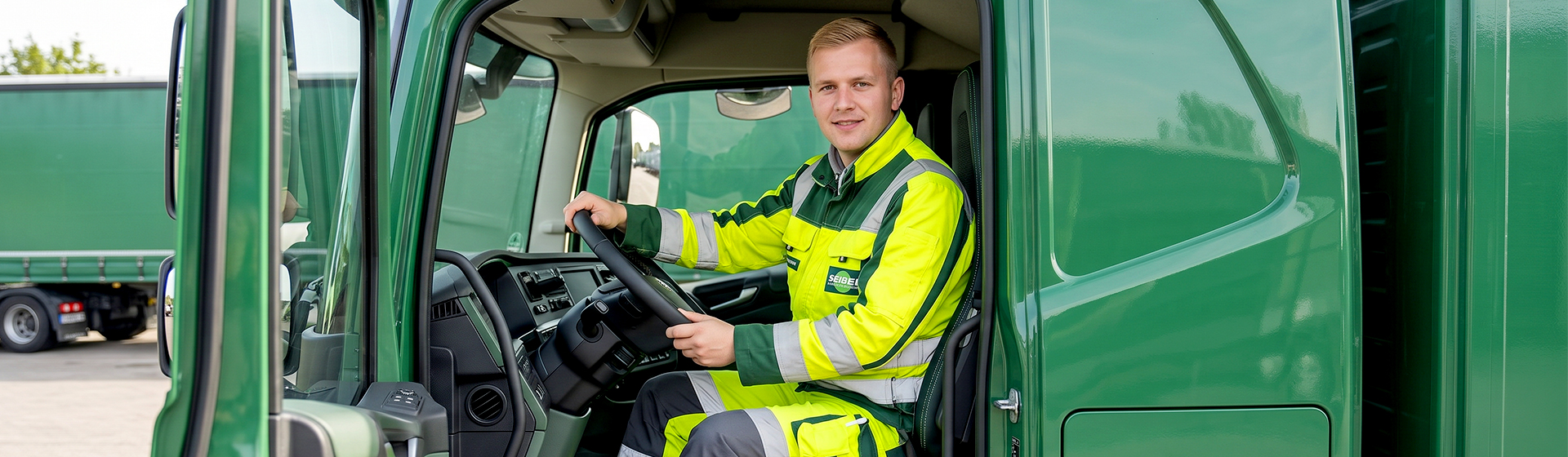 Lkw-Fahrer sitzt lächelnd in der Fahrerkabine eines Entsorgungsfahrzeugs