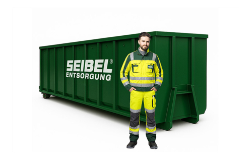 Seibel Mitarbeiter in Arbeitskleidung vor einem grünen Abrollcontainer