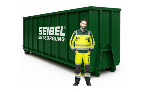Seibel Mitarbeiter in Arbeitskleidung vor einem grünen Abrollcontainer