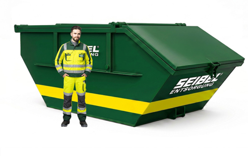 Seibel Mitarbeiter in Arbeitskleidung neben einem grünen geschlossenen Absetzcontainer