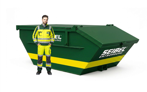 Seibel Mitarbeiter in Arbeitskleidung neben einem grünen geschlossenen Absetzcontainer