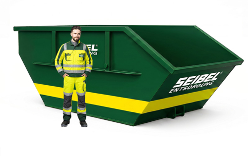 Seibel Mitarbeiter in Arbeitskleidung neben einem grünen Absetzcontainer