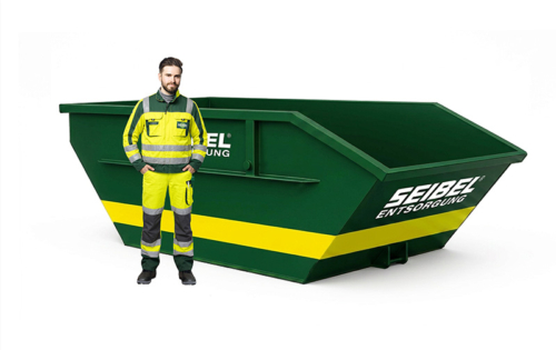 Seibel Mitarbeiter in Arbeitskleidung neben einem grünen Absetzcontainer