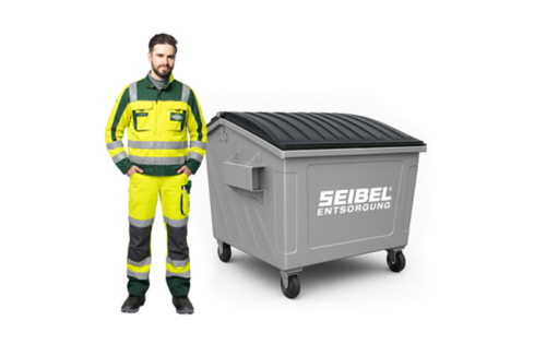 Seibel Mitarbeiter in Arbeitskleidung neben einem grauen Umleerbehälter