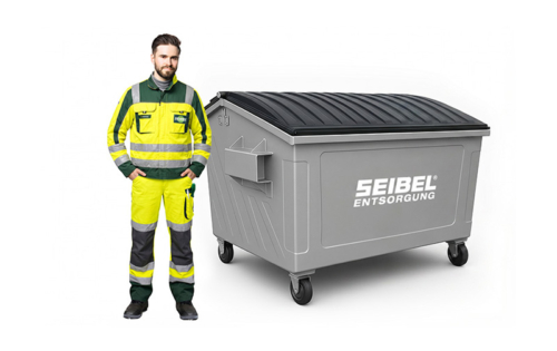 Seibel Mitarbeiter in Arbeitskleidung vor einem grauen Umleerbehälter